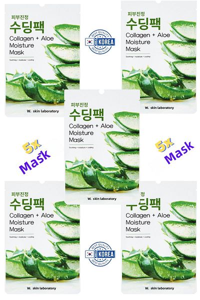 W. Skin Laboratory Collagen Aloe Moisture Mask Skin Nourishing Soothing Anti-Aging Moisturizer 22ml 5 Pieces