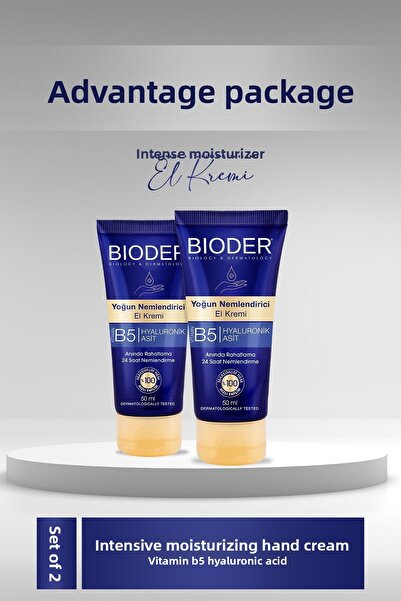 Bioder 50 ml Intensive Moisturizing Hand Cream - Vitamin B5 and Hyaluronic Acid 24 Hour Effect, Alcohol Free 2 Pack