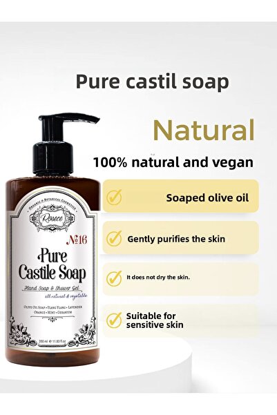 Rosece 350 ml Liquid Castile Soap - 100% Natural Hand and Shower Gel, for Sensitive Skin
