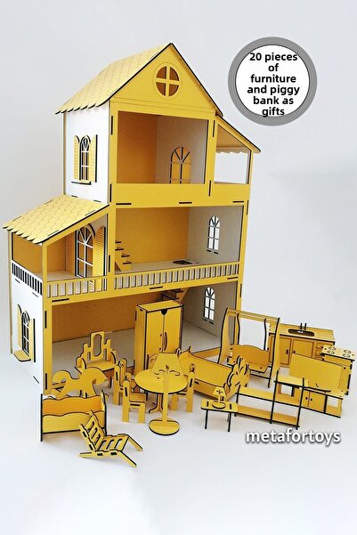 metafortoys بيت لعب خشبي مضاء 60 سم (أصفر)