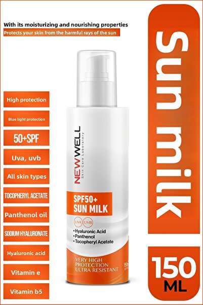 New Well حليب الشمس عالي الحماية بعامل حماية من الشمس SPF50+ - 150 مل حمض اله...