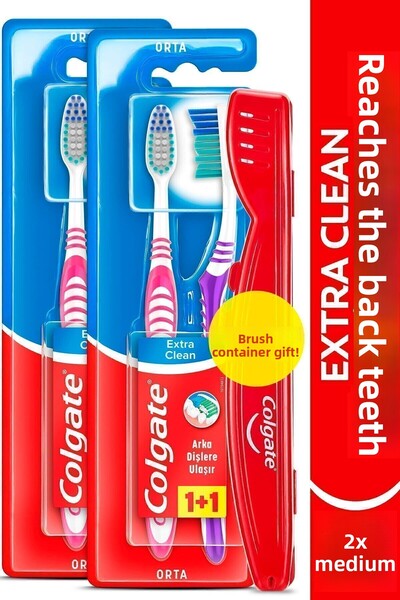 Colgate Extra Clean Medium Toothbrush 1+1 x 2 Pieces + Toothbrush Container Gift