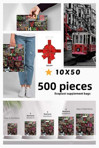 ECOPLAST No:2 500 Pieces - 26X38Cm Printed Reinforced Store Bag, Pharmacy Market Bijouterie Clothing Mixed Pattern