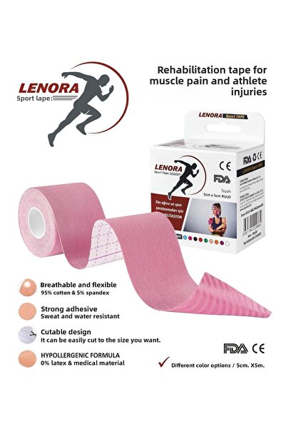 LENORA Bandă kinesiologică pentru durere, roz, 5 metri X 5 cm, bandă sportivă