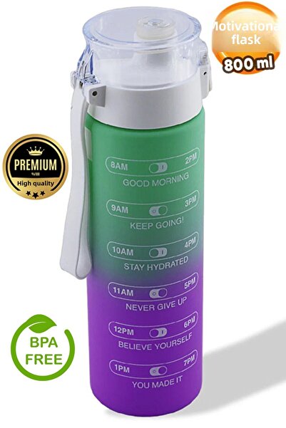 Badem10 Motivational Water Bottle 800 ml Bpa Free Children's Sports Water Bottle Leak-Proof Straw-Free Water Bottle Green Purple