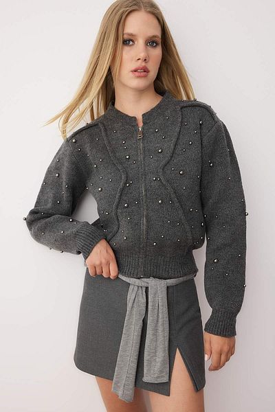 Trendyol Collection Anthracite Soft Textured Zippered Stone Embroidered Coat Look Knitwear Cardigan Twoaw25Hi00168