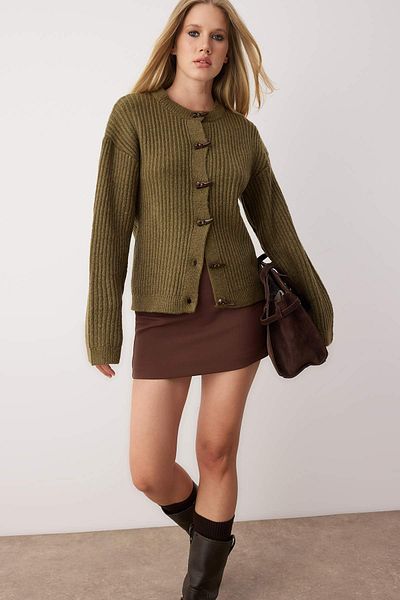 Trendyol Collection Khaki Soft Textured Button Detailed Knitwear Cardigan Twoaw26Hi00093