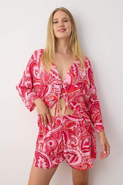 Trendyol Collection Σετ πιτζάμες με φούξια έθνικ/μποέμ με μοτίβο δεμένο/φιόγκο βισκόζη THMSS23PT00165