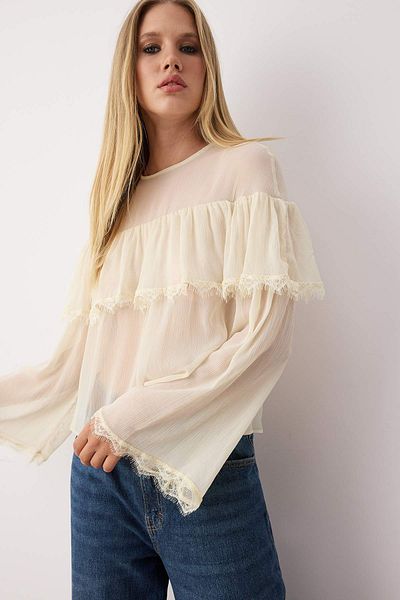 Trendyol Collection Ecru Chiffon Lace Detailed Crew Neck Woven Blouse Twoaw26Bz00055