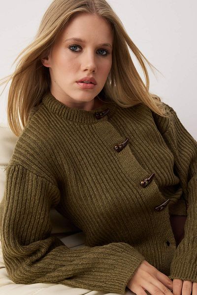 Trendyol Collection Khaki Soft Textured Button Detailed Knitwear Cardigan Twoaw26Hi00093