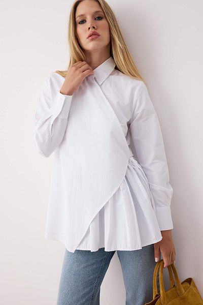 Trendyol Modest Λευκό πουκάμισο με γιακά με διπλό στήθος με δεμένο πλισέ Λεπτομερές υφαντό πουκάμισο TCTSS25TG00016
