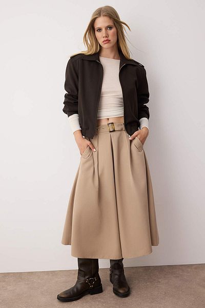 Trendyol Collection Beige Belted Woven Midi Skirt Twoaw26Et00034