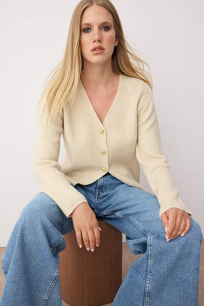 Trendyol Collection Stone Shawl Detailed Soft Textured Wide Fit Knitwear Cardigan Twoaw26Hi00112