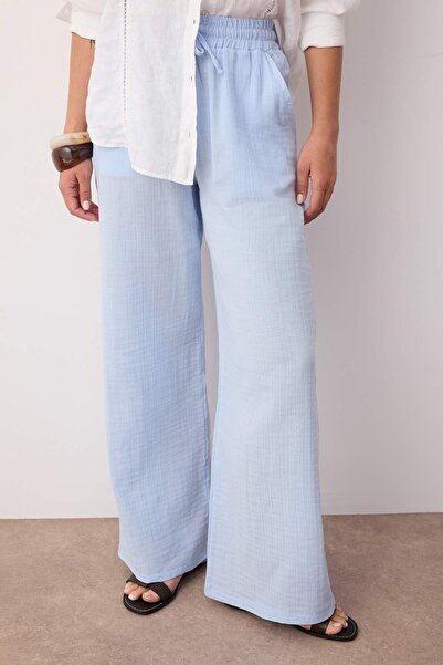 Trendyol Collection Blue Muslin Elastic Waist High Waist Wide Leg/Wide Leg Pants Twoss25Pl00131