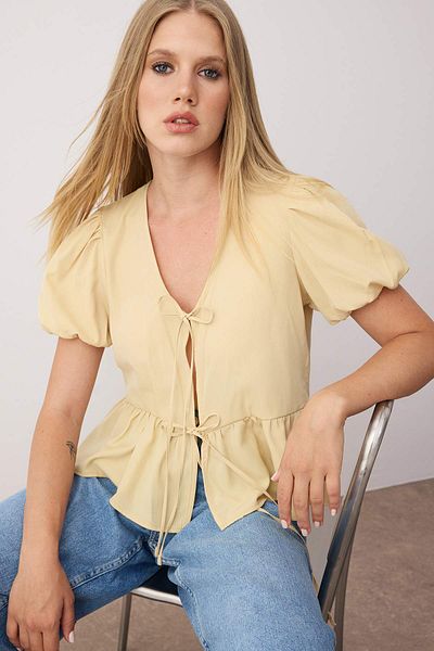 Trendyol Collection Yellow Tie-Up Woven Shirt Twoss24Go00237