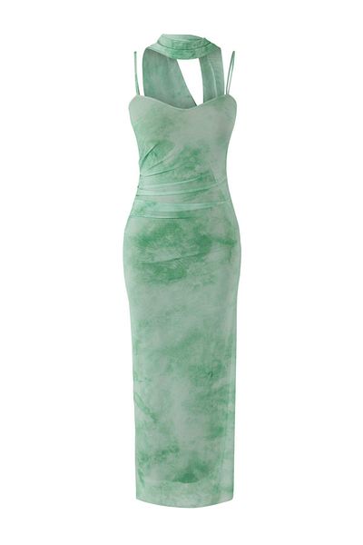 Trendyol Collection Green Scarf Detailed Tulle Maxi Knitted Dress Tprss25El00314