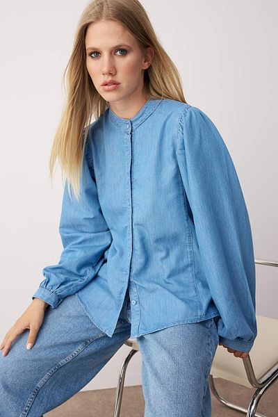Trendyol Collection Light Blue Denim Shirt with Balloon Sleeves Twoaw26Go00000