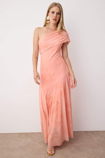 Trendyol Collection Light Orange Patterned Boat Neckline Woven Maxi Evening Dress Night Homecoming Dress Tprss25Ae00190