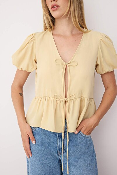 Trendyol Collection Yellow Tie-Up Woven Shirt Twoss24Go00237