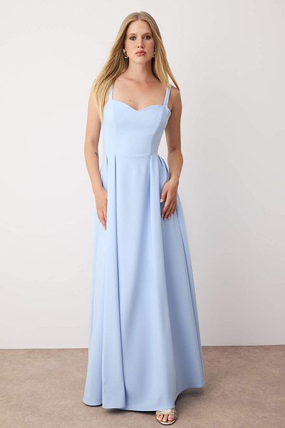 Trendyol Collection Light Blue A-Line Back Bow Detail Woven Long Stylish Evening Prom Dress & Homecoming Dress Tprss25Ae00020