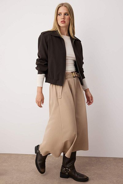 Trendyol Collection Beige Belted Woven Midi Skirt Twoaw26Et00034