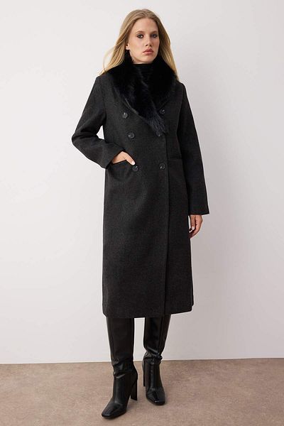 Trendyol Collection Anthracite Fur Collar Diagonal Double Breasted Oversize Midi Coat Twoaw26Kb00038
