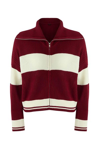 Trendyol Collection Burgundy*001 Wide Fit Striped Turn-Down Collar Zippered Knitwear Cardigan Twoaw24Hi00072