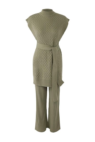 Trendyol Modest Khaki Belted Brass Knit Sweater-Pants Knitwear Top and Bottom Set Tctaw24Us00045