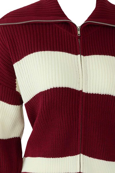 Trendyol Collection Burgundy*001 Wide Fit Striped Turn-Down Collar Zippered Knitwear Cardigan Twoaw24Hi00072