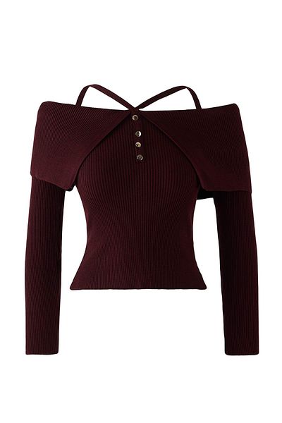 Trendyol Collection Bordeaux Premium Yarn/Special Yarn Carmen Pulover de tricotat cu bretele la gât TWOAW26KZ00076