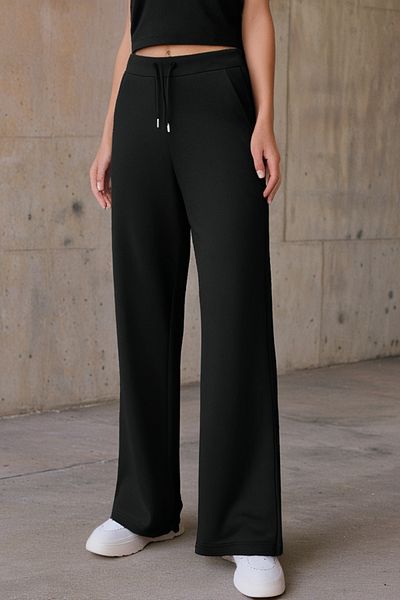 Elemge Pantaloni de sport de sezon pentru femei din bumbac, talie înaltă, negru, cu picioare largi, cu șnur, cu buzunare, flexibili, moi