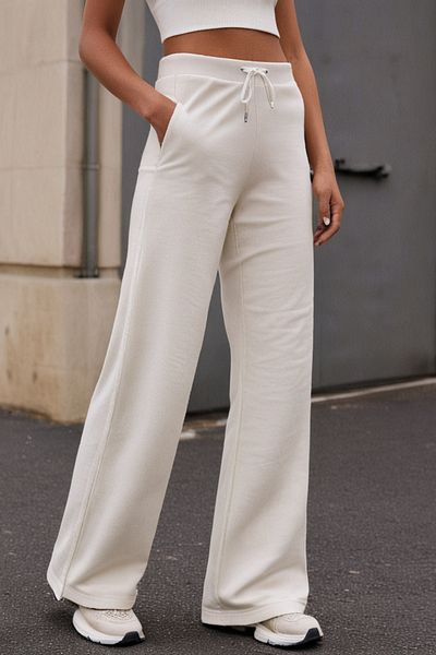 Elemge Γυναικεία βαμβακερή φόρμα - Six Ecru Flare Fit Φαρδύ πόδι με κορδόνι τσέπης Άνετη εφαρμογή Μαλακό
