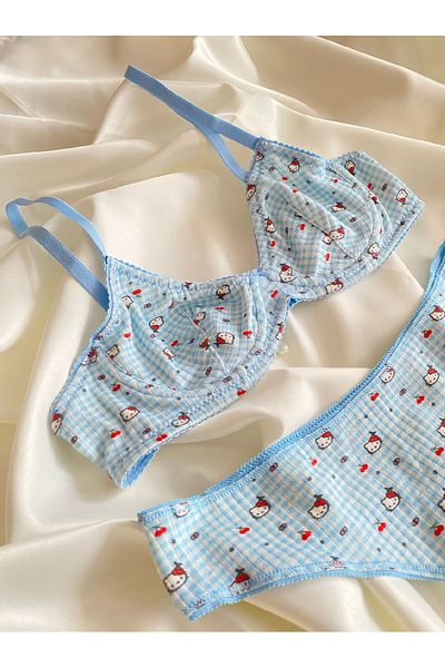 RUYAZ Set de bralet din bumbac albastru din bumbac pieptănat țesătură moale Hello Kitty Set sutien fără suport Set lenjerie intimă