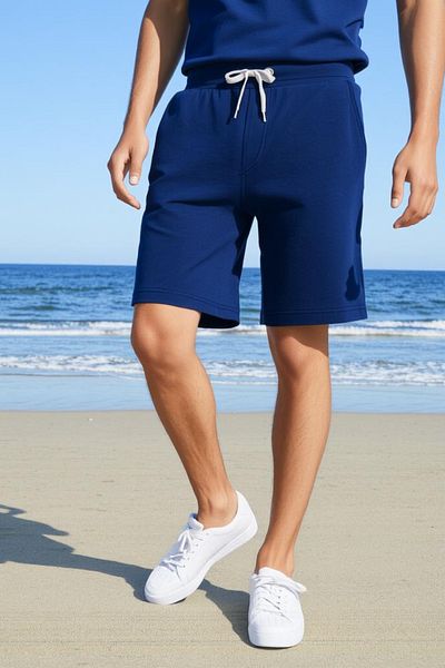 Elemge Βαμβακερό ανδρικό σορτς Indigo casual με 2 κλωστές με πλαϊνές τσέπες με κορδόνια κανονική εφαρμογή με σωλήνα Casual βερμούδες