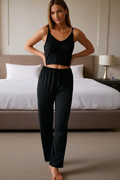 Elemge 100% Cotton Single Jersey Women's Black Pajama Bottom Loose Fit Pipe Leg Elastic Ribbon Sweatproof Flexible