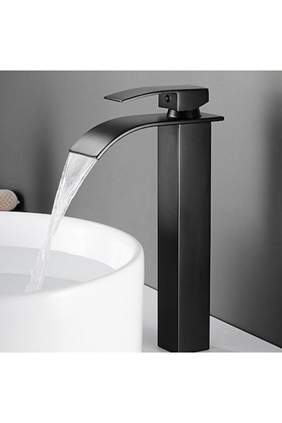 TrioStore Baterie baie, tip cascadă, monocomandă, design minimalist, oțel, negru, 30 cm
