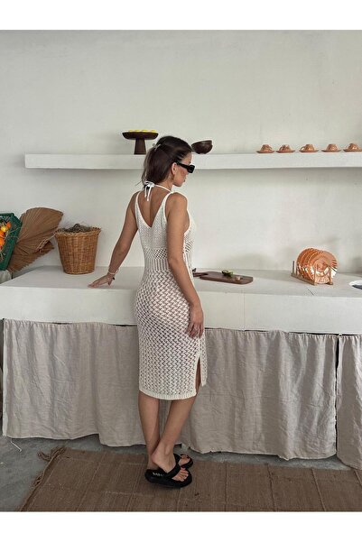 Serenay Atelier Γυναικείο πλεκτό φόρεμα παραλίας με λουράκι με διάτρητο σχέδιο V λαιμόκοψη μίντι μήκους 100% βαμβάκι