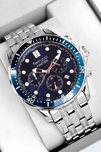 Ferrucci Function Men Wrist Watch Silver-Blue Steel Band 3Atm Water Resistant Sdfer095