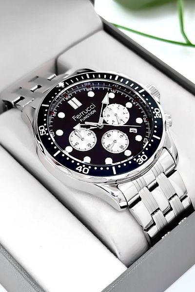 Ferrucci Function Men Wrist Watch Silver-Blue Steel Band 3Atm Water Resistant Sdfer095