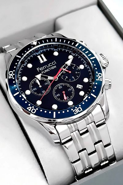 Ferrucci Function Men Wrist Watch Silver-Blue Steel Band 3Atm Water Resistant Sdfer095