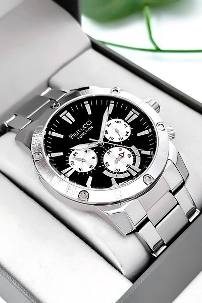 Ferrucci Function Men Wrist Watch Silver-Black Steel Band 3Atm Water Resistant Sdfer093