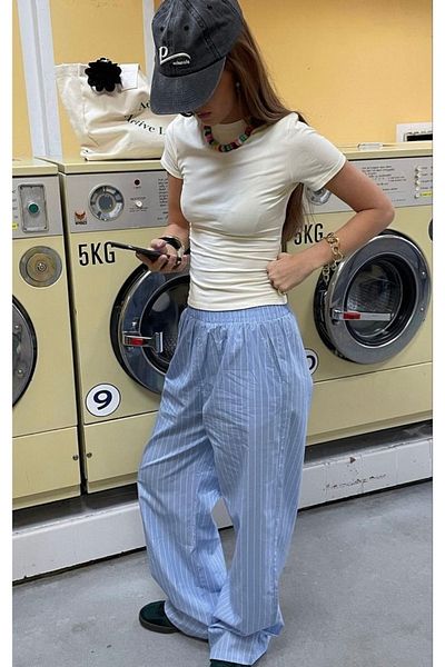 King Brothers Pantaloni de sport lungi cu dungi albastre pentru femei cu talie înaltă
