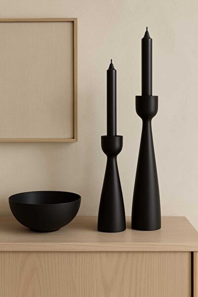 mebaconcept El Yapımı Siyah Ahşap Şamdan Seti (2'Lİ) – 20 Cm & 17.5 Cm – Rustik Dekoratif Mumluk