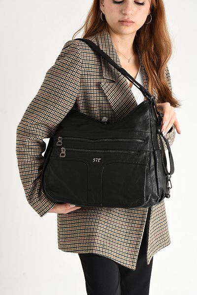 571 Collections Çanta Piele spălată atât rucsac, cât și geantă de umăr neagră (model: 571-9-10D)