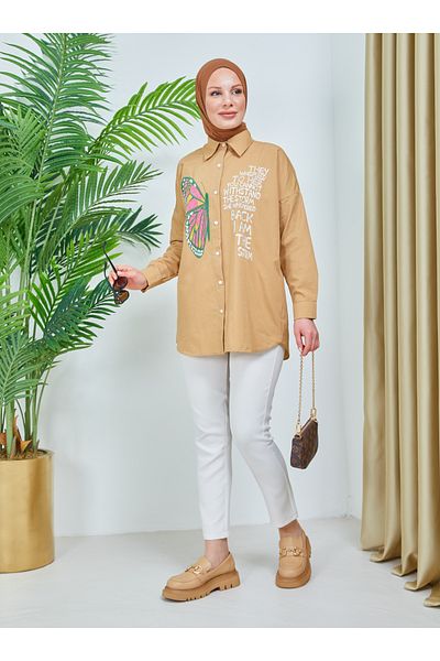 SAHRA BUTİK Stone Embroidered Butterfly Embroidered Tunic - Biscuit - Sahra Butik