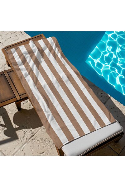 Piloji منشفة شاطئ مخططة باللون البني - منشفة شاطئ 75 × 150 سم