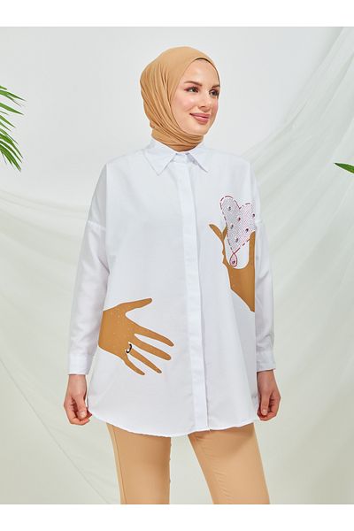SAHRA BUTİK White Single Stone Ringed Tunic - Sahra Butik