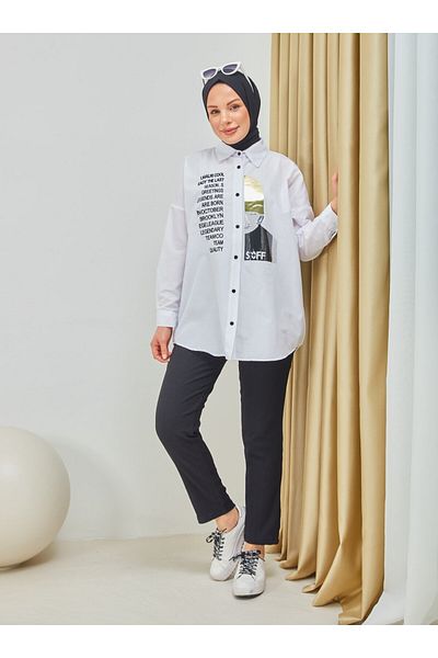 SAHRA BUTİK White Embroidery and Stone Printed Tunic - Sahra Butik