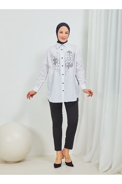 SAHRA BUTİK Heart Printed Puzzle Stone Tunic - White - Sahra Butik