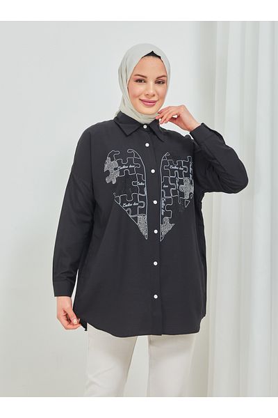 SAHRA BUTİK Heart Printed Black Stone Embroidered Tunic - Puzzle - Sahra Butik